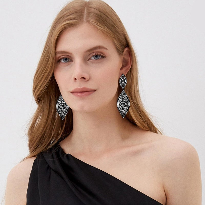 Flyonce Women's Rhinestone Crystal Wedding Bridal 2 Leaf Drop Dangle Chandelier Earrings Clear Black-Tone - Image 4
